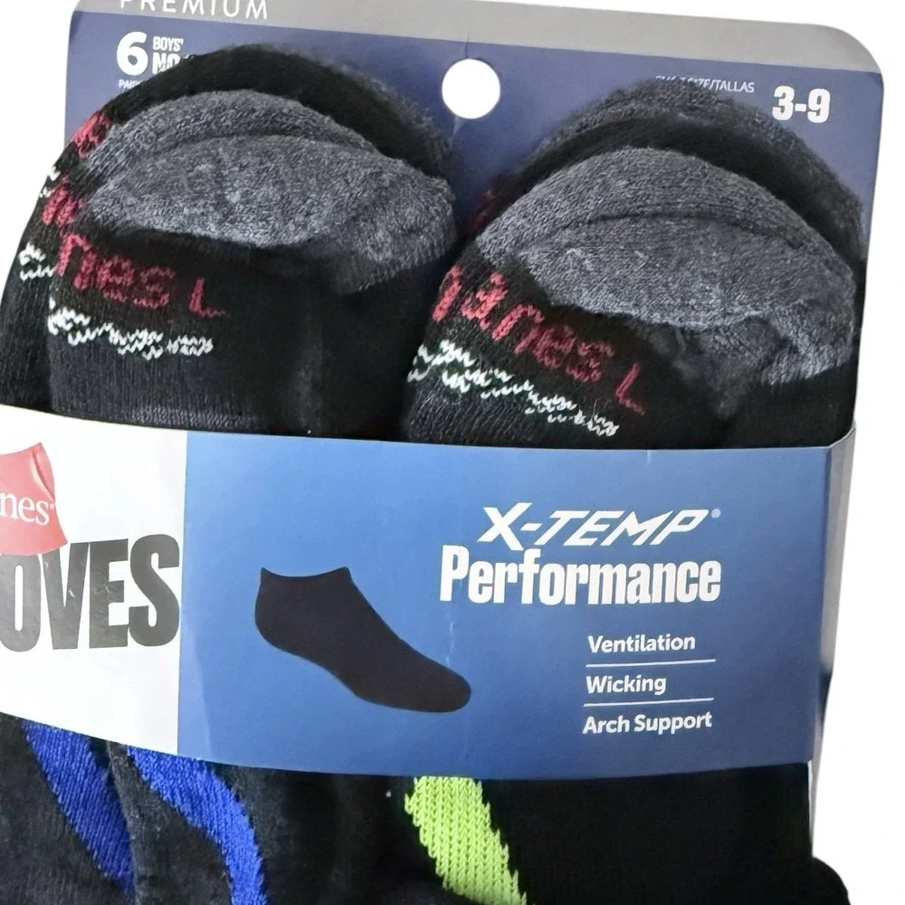 Hanes Premium Boys' 6pk No Show Socks Black , L (3-9)